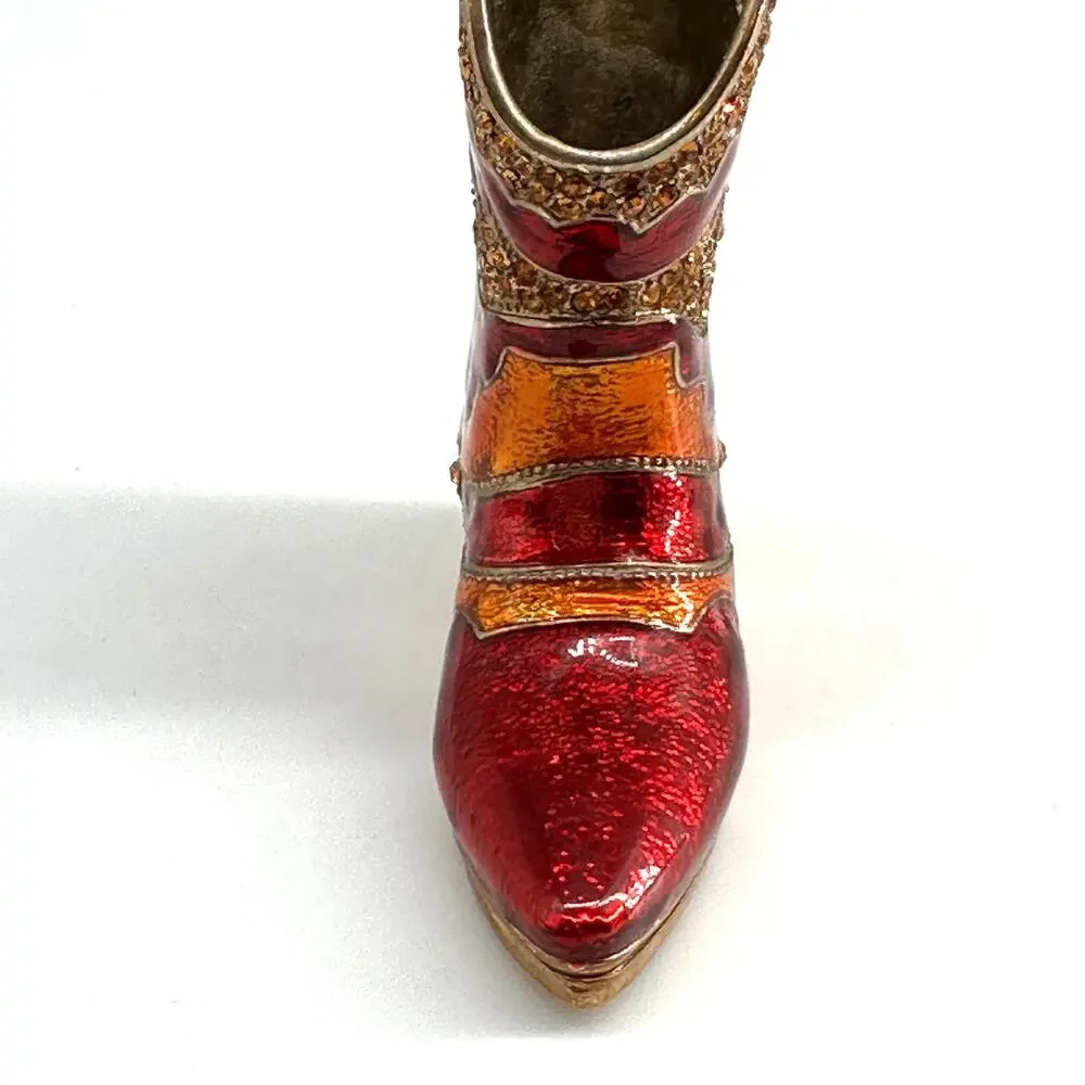 Red Enamel Cowboy Boot Figurine Amber Rhinestone Paperweight Heavy Metal Decor